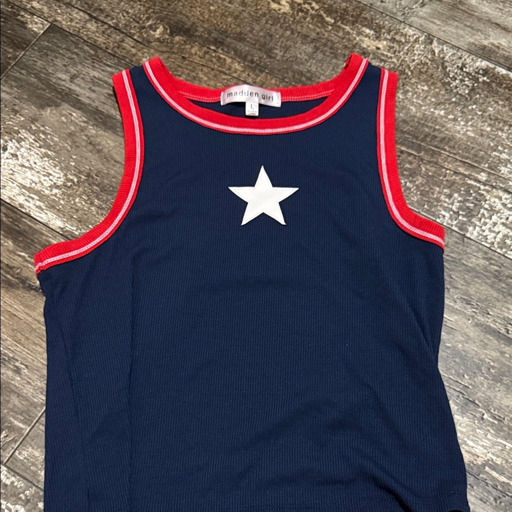 Madden Girl Navy Tank Top with Red Trim and White Star